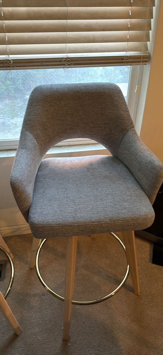 Modern Gray Upholstered Bar Stools (2) with Gold Footrest and Light Wood Legs
