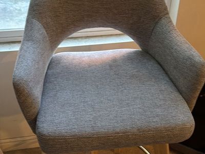 Modern Gray Upholstered Bar Stools (2) with Gold Footrest and Light Wood Legs
