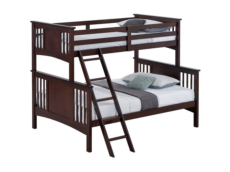 Wooden Bunk Beds with Ladder - Dark Brown Finish - Twin Over Full Size, Sturdy Frame