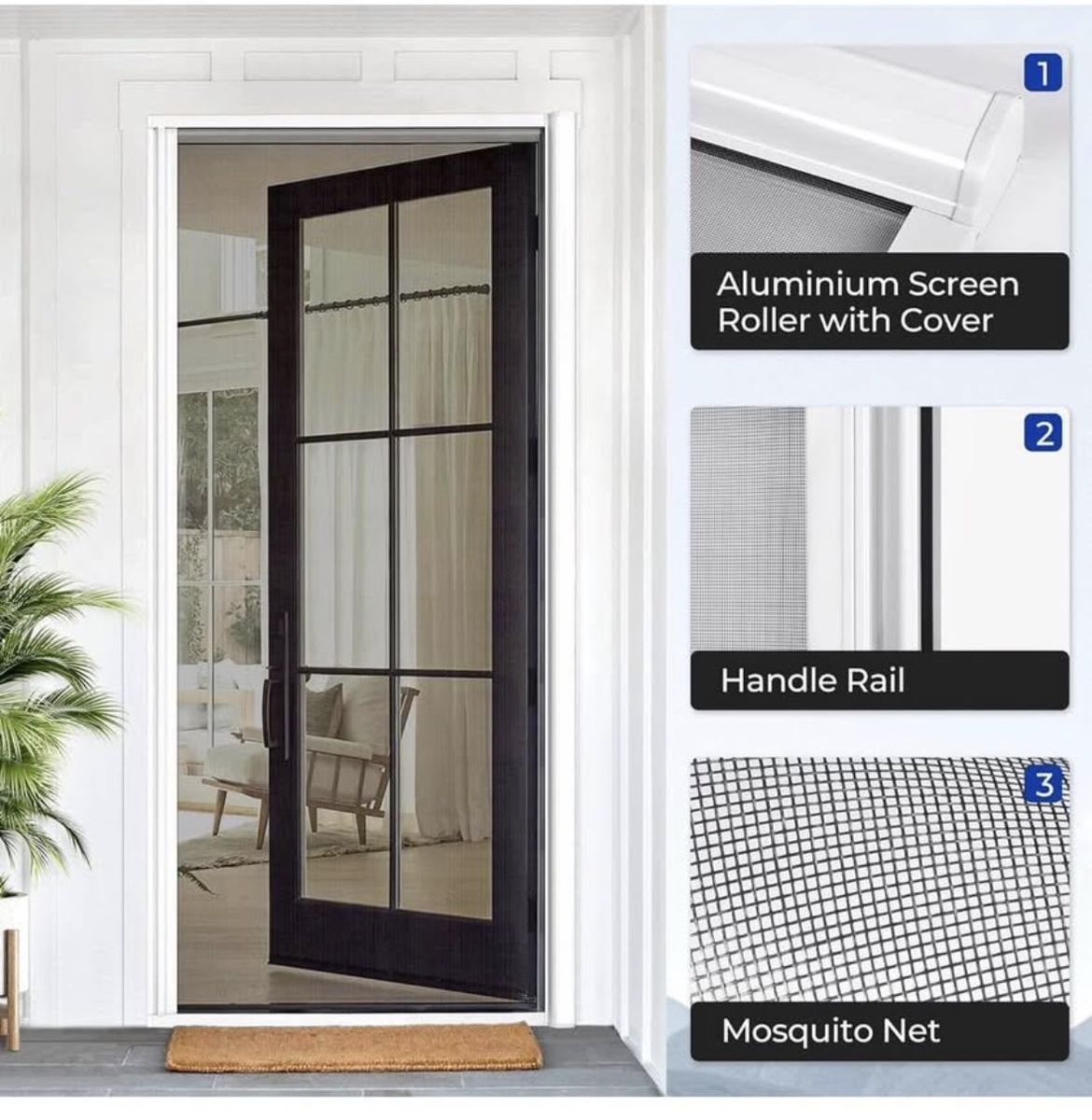 Retractable Door Screen forSingle Door,Free Stop Sliding Patio Doors, Durable White Aluminium Frame