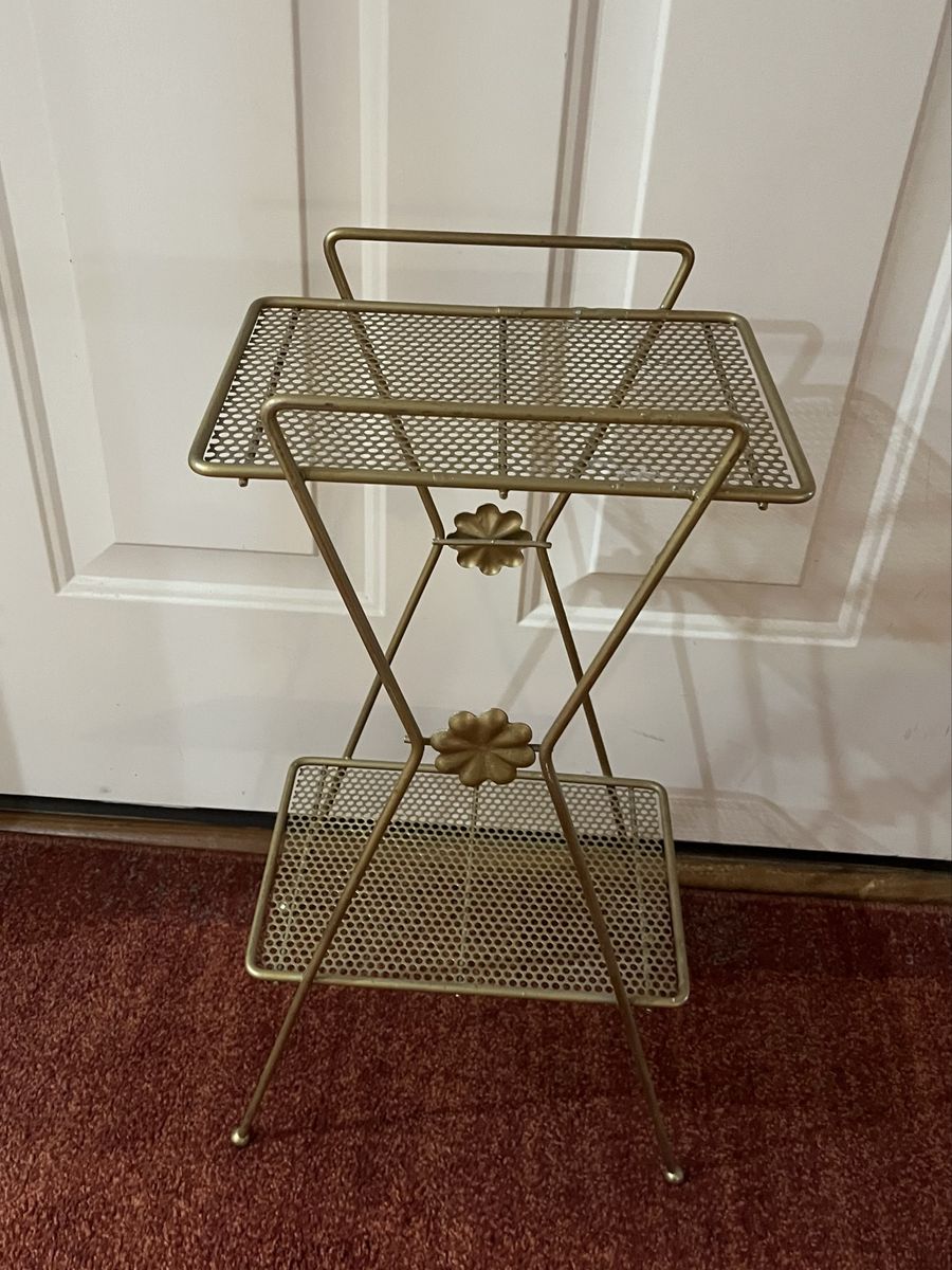 Vintage Gold Metal Mesh Side Table / Plant Stand - 2-Tier with Handles