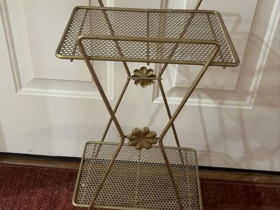 Vintage Gold Metal Mesh Side Table / Plant Stand - 2-Tier with Handles