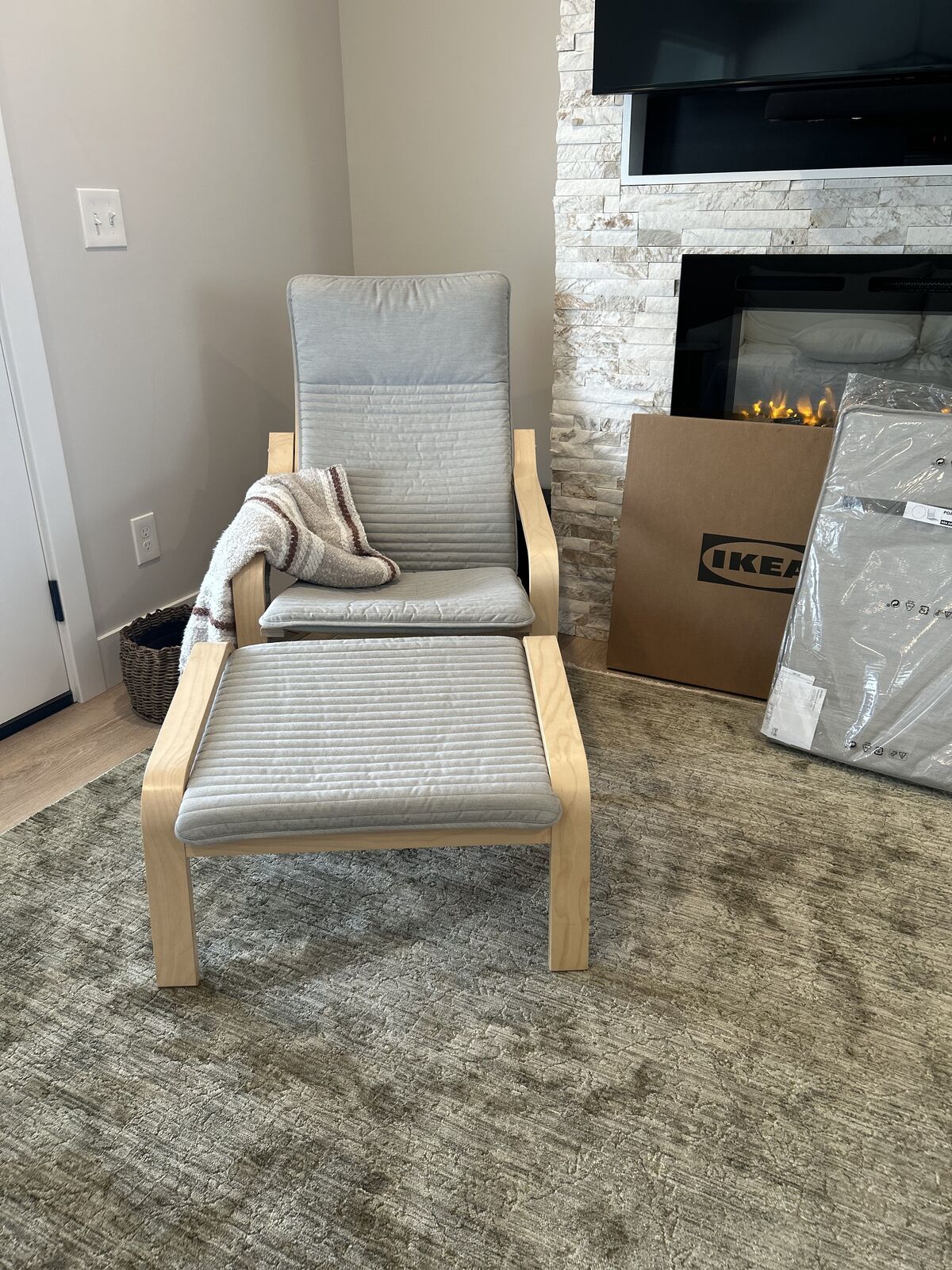 IKEA POÄNG Chairs (2) + Ottoman – Grey Cushions – 1 NEW in Box