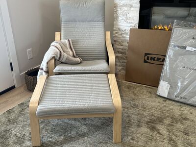 IKEA POÄNG Chairs (2) + Ottoman – Grey Cushions – 1 NEW in Box