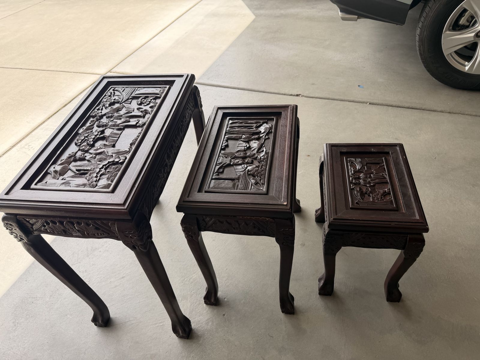 Nice 3pc set of Vintage Asian carved glass top nesting tables