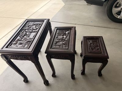 Nice 3pc set of Vintage Asian carved glass top nesting tables