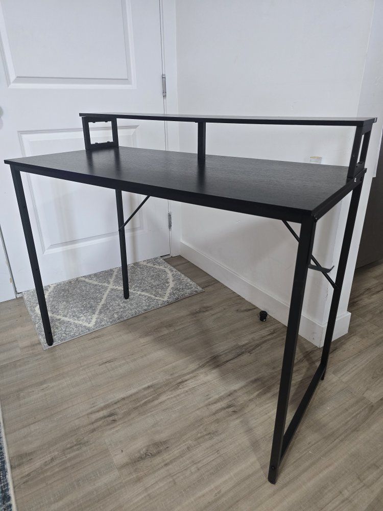 Modern Black Computer Desk with Monitor Shelf and Metal Frame
