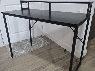 Modern Black Computer Desk with Monitor Shelf and Metal Frame