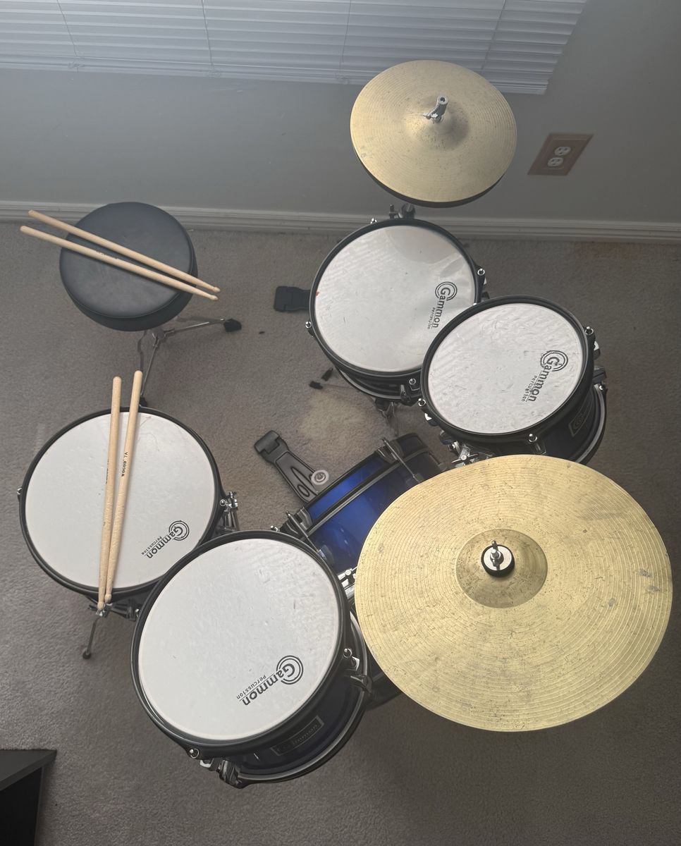 Gammon Percussion 5-Piece Complete Junior Drum Set with Cymbals, Throne & Sticks - Metallic Blue