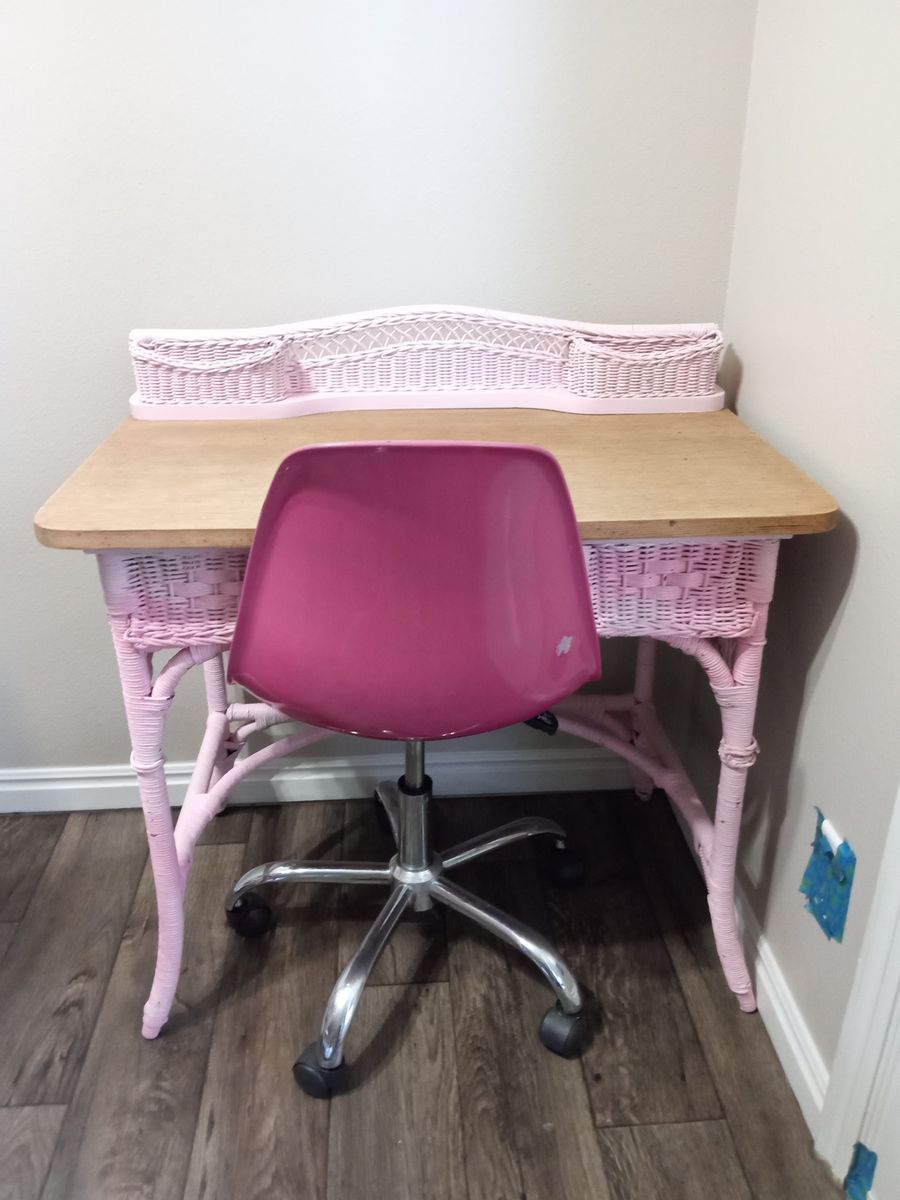 Pink Wicker Desk with Wooden Top, Storage Drawer, and Pink Rolling Swivel Chair Set