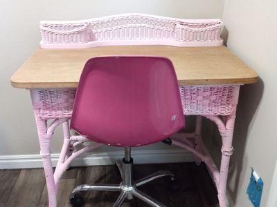 Pink Wicker Desk with Wooden Top, Storage Drawer, and Pink Rolling Swivel Chair Set