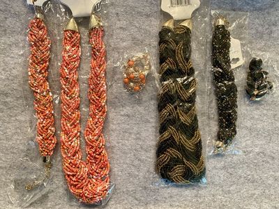 NEW! 2 Sets of 3 Beaded Necklaces & Bracelets & Earrings-Mixed Corals & Black SETS! New in Packaging - C PIX