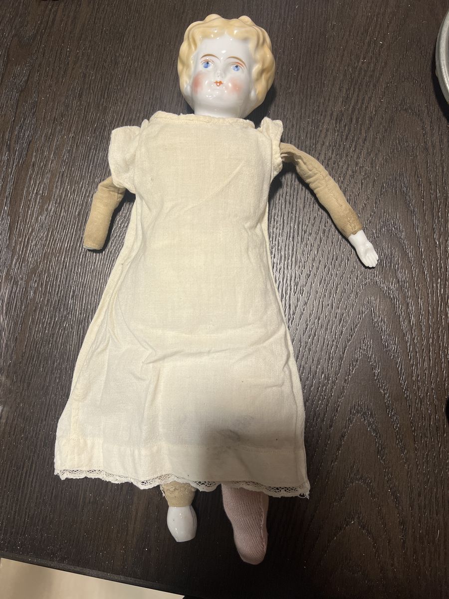 Vintage German Porcelain Head Doll Blonde Curly Hair Blue Eyes Cloth Body Antique Decor