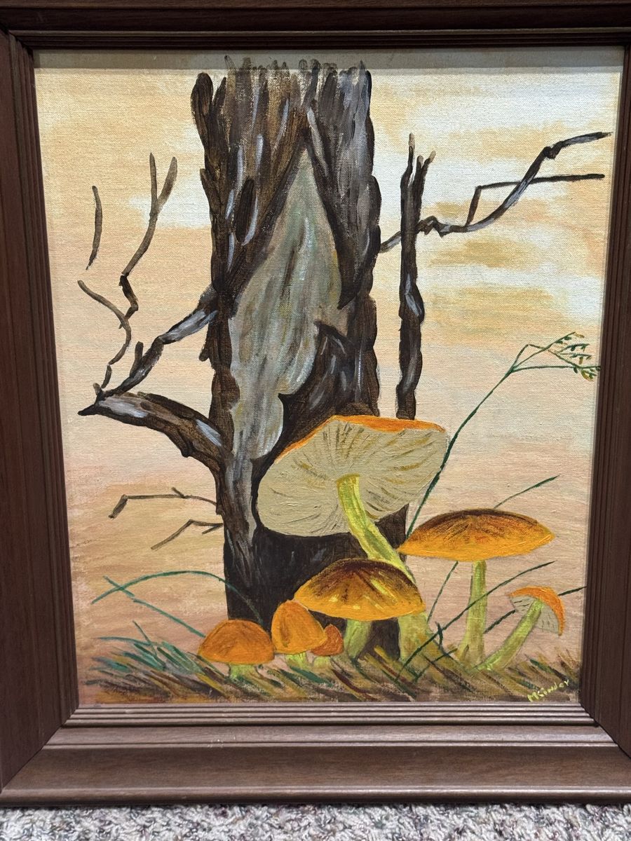 Vintage Framed Mushroom Tree Painting