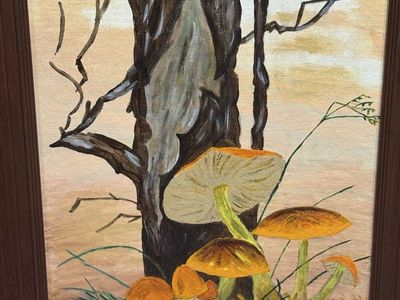 Vintage Framed Mushroom Tree Painting