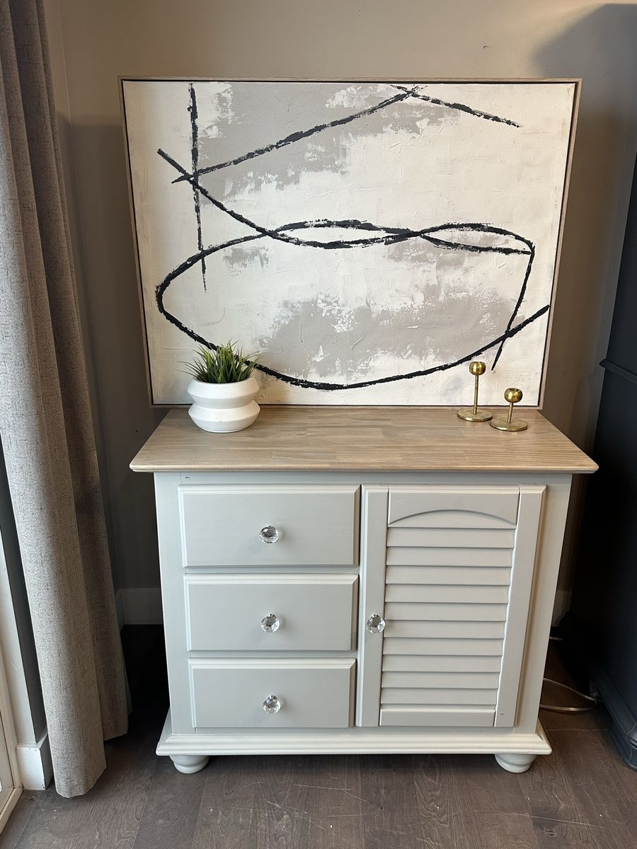 Pottery Barn Grey Dresser/Changing Table with 3 Drawers & Louvered Cabinet