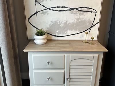Pottery Barn Grey Dresser/Changing Table with 3 Drawers & Louvered Cabinet