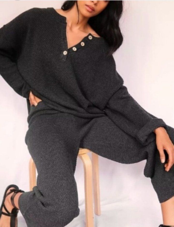 Free People Beach Hailee Sweater Two Piece Set Top Crop Wide Leg Pant Black XS