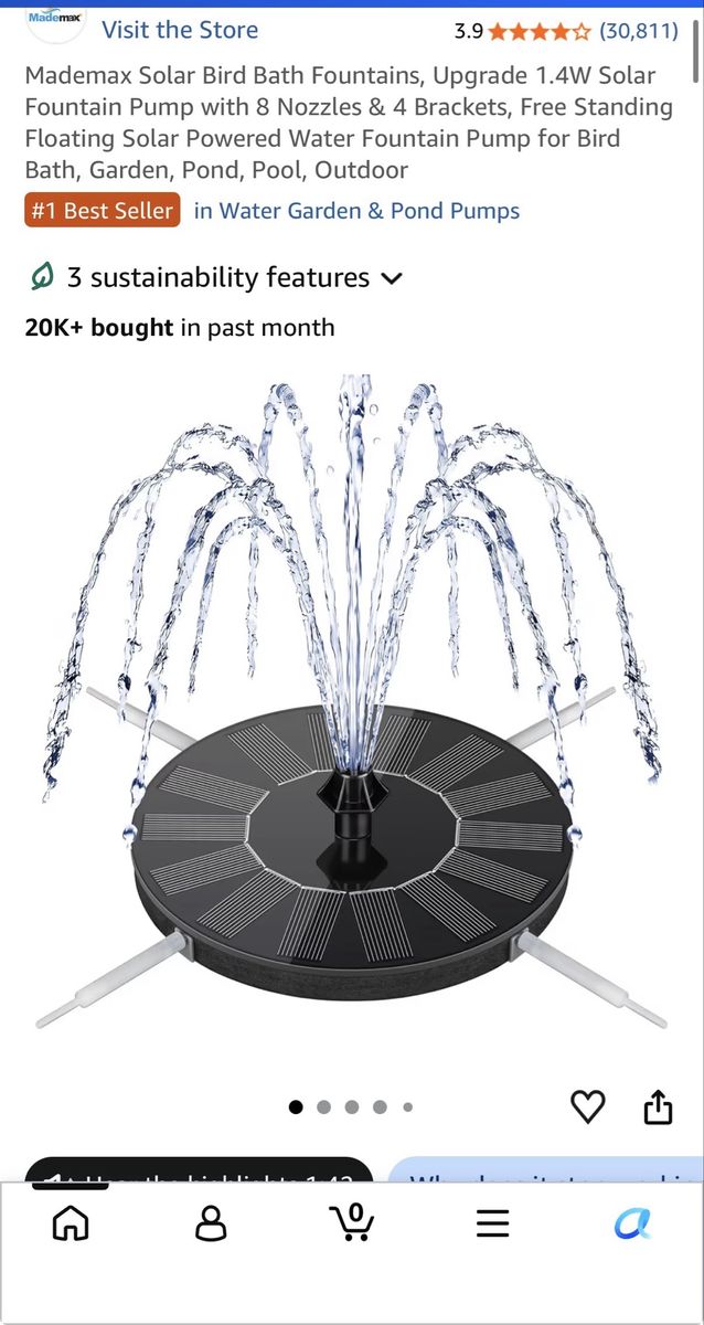 Mademax Solar Fountain Pump for bird baths, ponds, and gardens  – Brand New