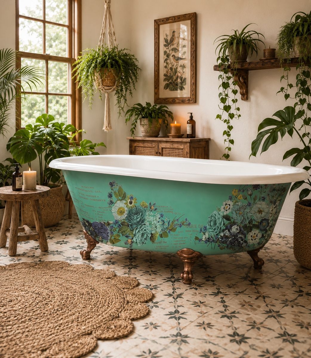 Vintage refinished Floral Clawfoot Bathtub - Green with blue flowers and Copper Feet