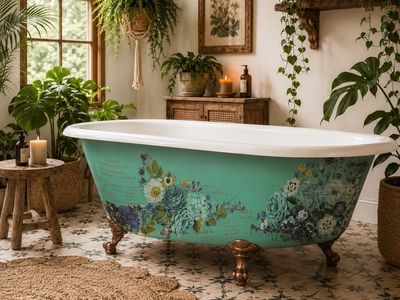 Vintage refinished Floral Clawfoot Bathtub - Green with blue flowers and Copper Feet