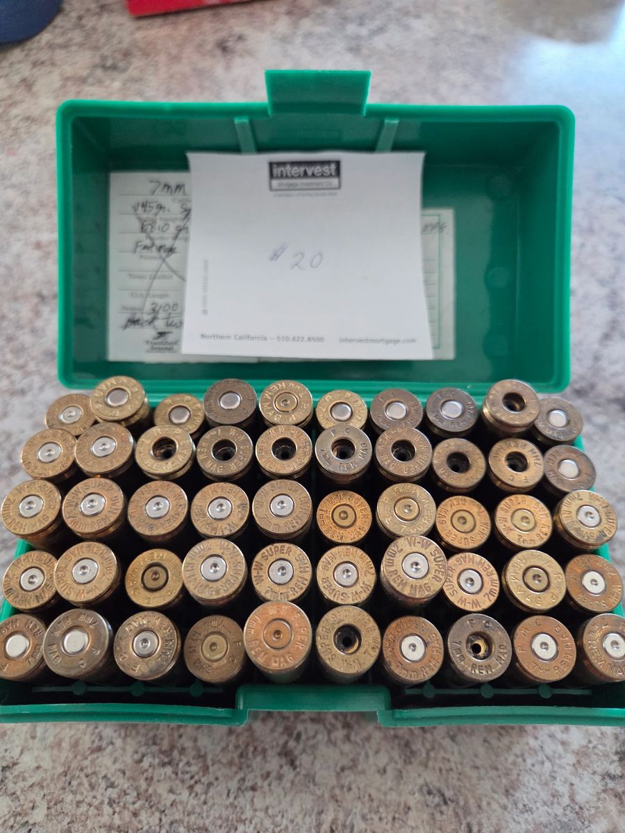 7mm Rem Mag Reloaded Brass Casings in Green Plastic Ammo Box