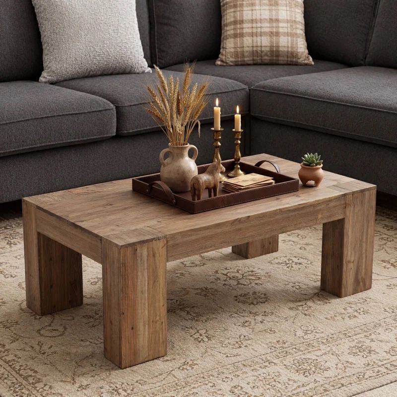 55" Solid Wood Farmhouse Coffee Table with Heavy-Duty Legs