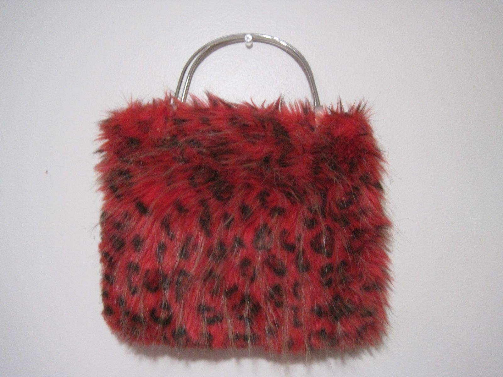 Red Leopard Print Metal Handles Black Interior Small Furry Purse Handbag 10 x 9