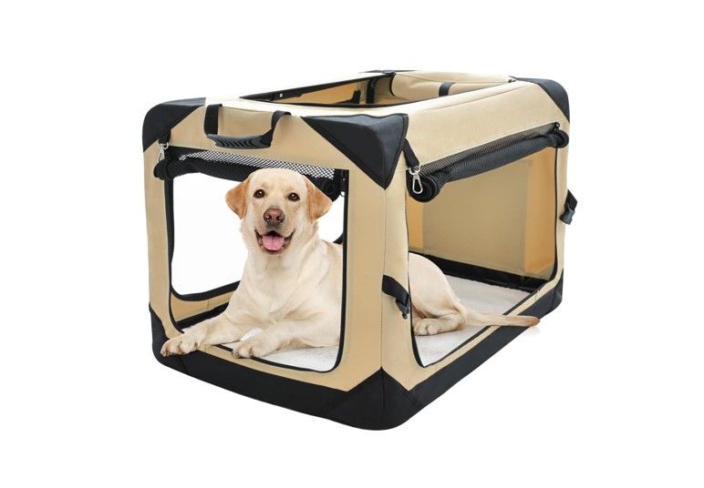 NEW 42" Collapsible Dog Crate 4-Door Foldable Soft Kennel with Chew Proof Mesh Windows, Indoor & Outdoor Travel, Beige