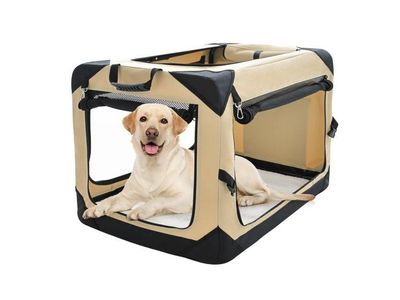NEW 42" Collapsible Dog Crate 4-Door Foldable Soft Kennel with Chew Proof Mesh Windows, Indoor & Outdoor Travel, Beige