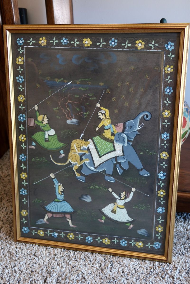 Framed hand-painted Indian silk painting