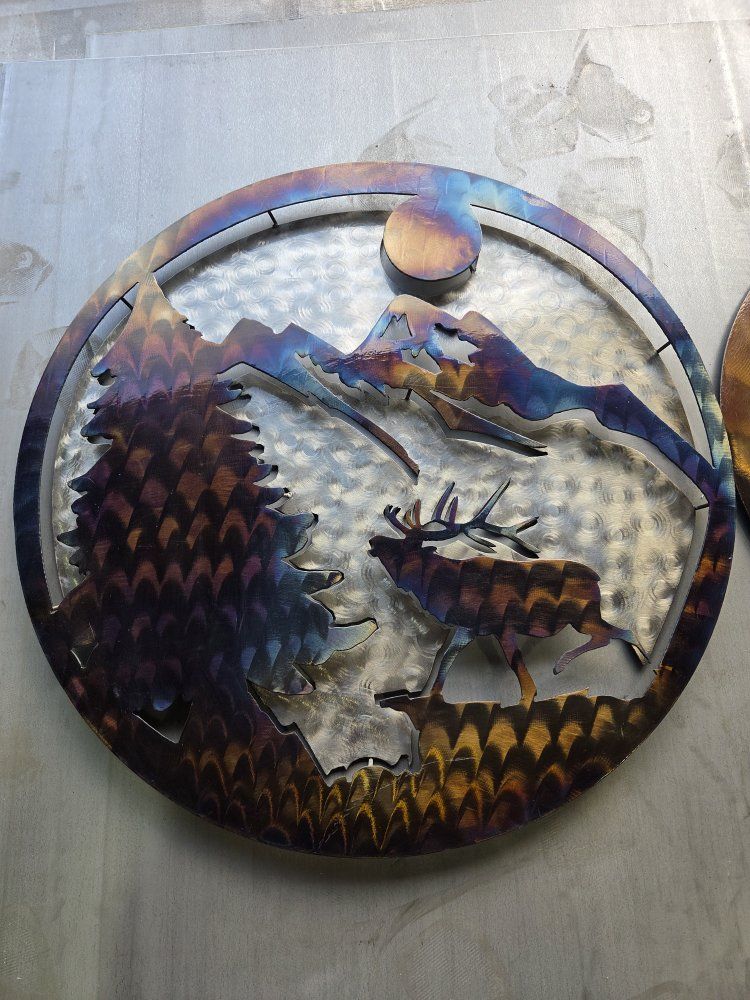 Custom Metal Art Wall Decor - Mountain, Tree & Elk Design, Heat-Treated Finish, Unique Home Decor
