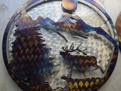 Custom Metal Art Wall Decor - Mountain, Tree & Elk Design, Heat-Treated Finish, Unique Home Decor