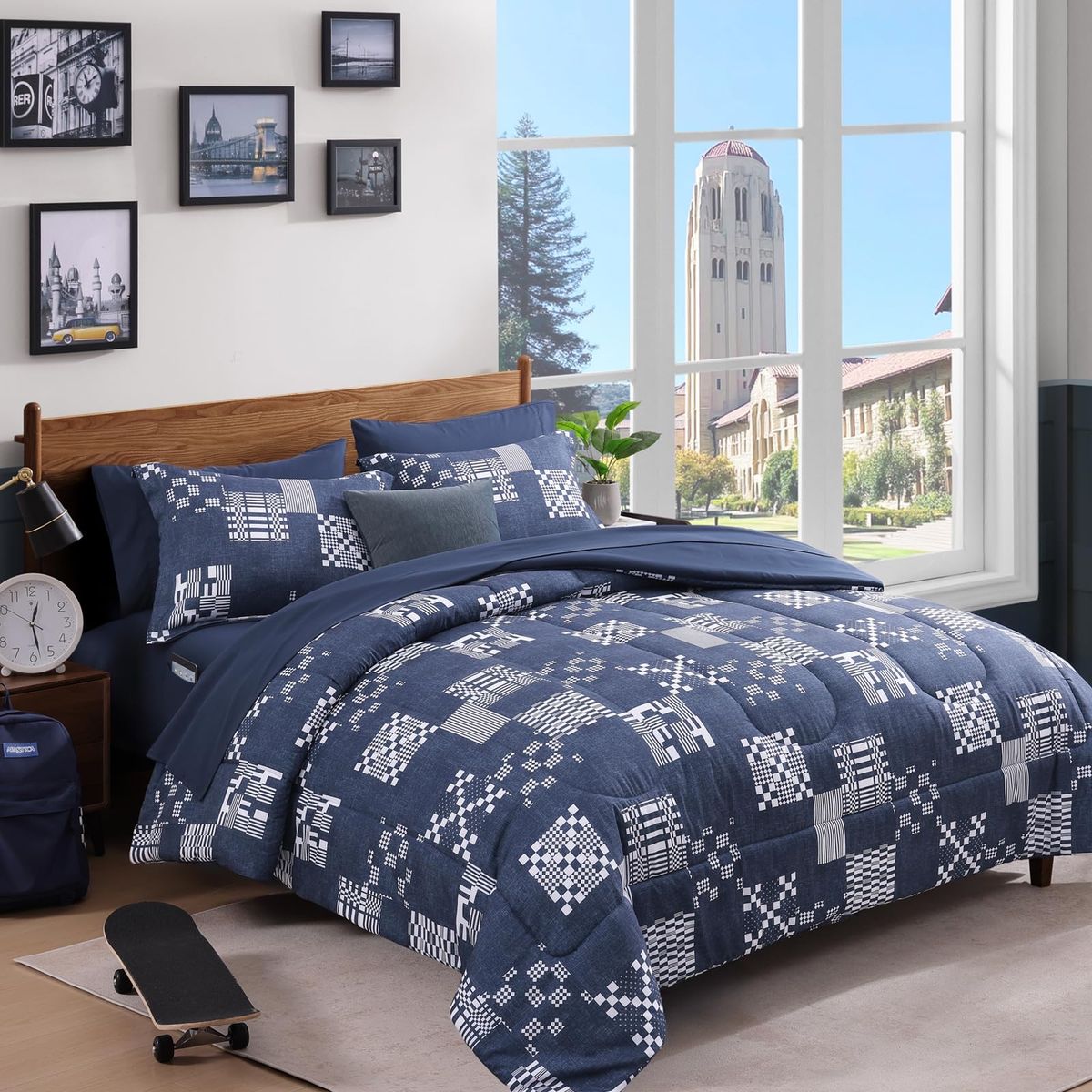 New! Twin XL Comforter Set Navy Blue 5 Pieces College Dorm Bed in a Bag