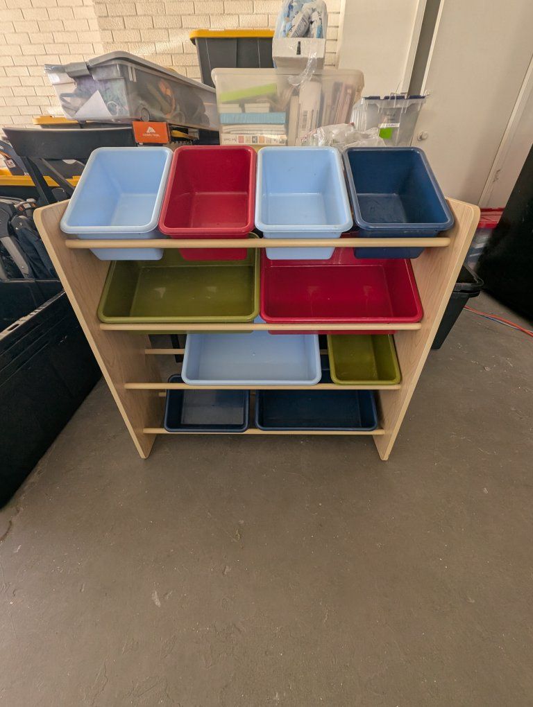Toy Storage Organizer with Multicolored Plastic Bins