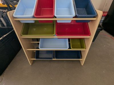 Toy Storage Organizer with Multicolored Plastic Bins