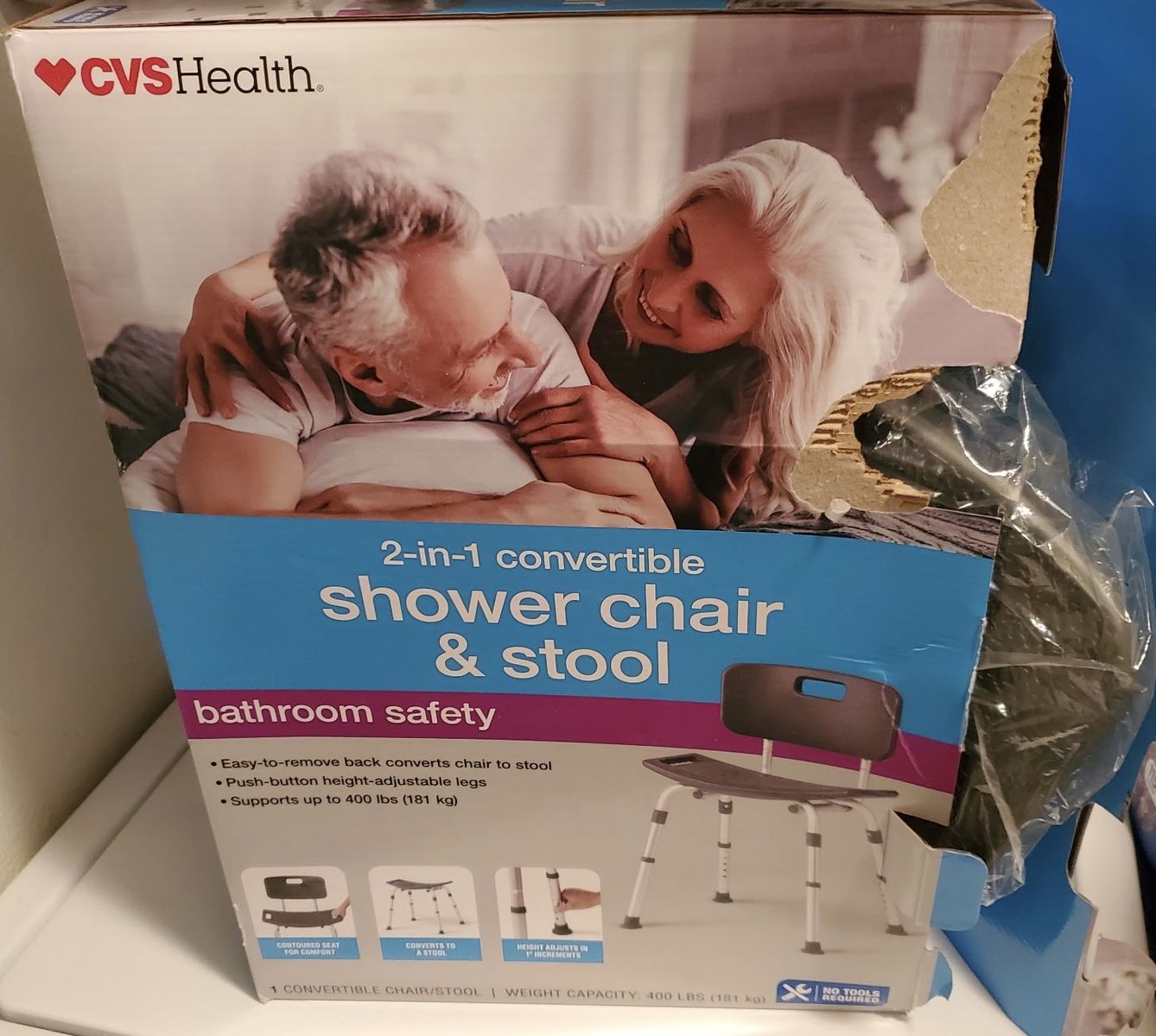 CVS Health 2-in-1 Convertible Shower Chair & Stool, 400 lbs Capacity, Adjustable Height
