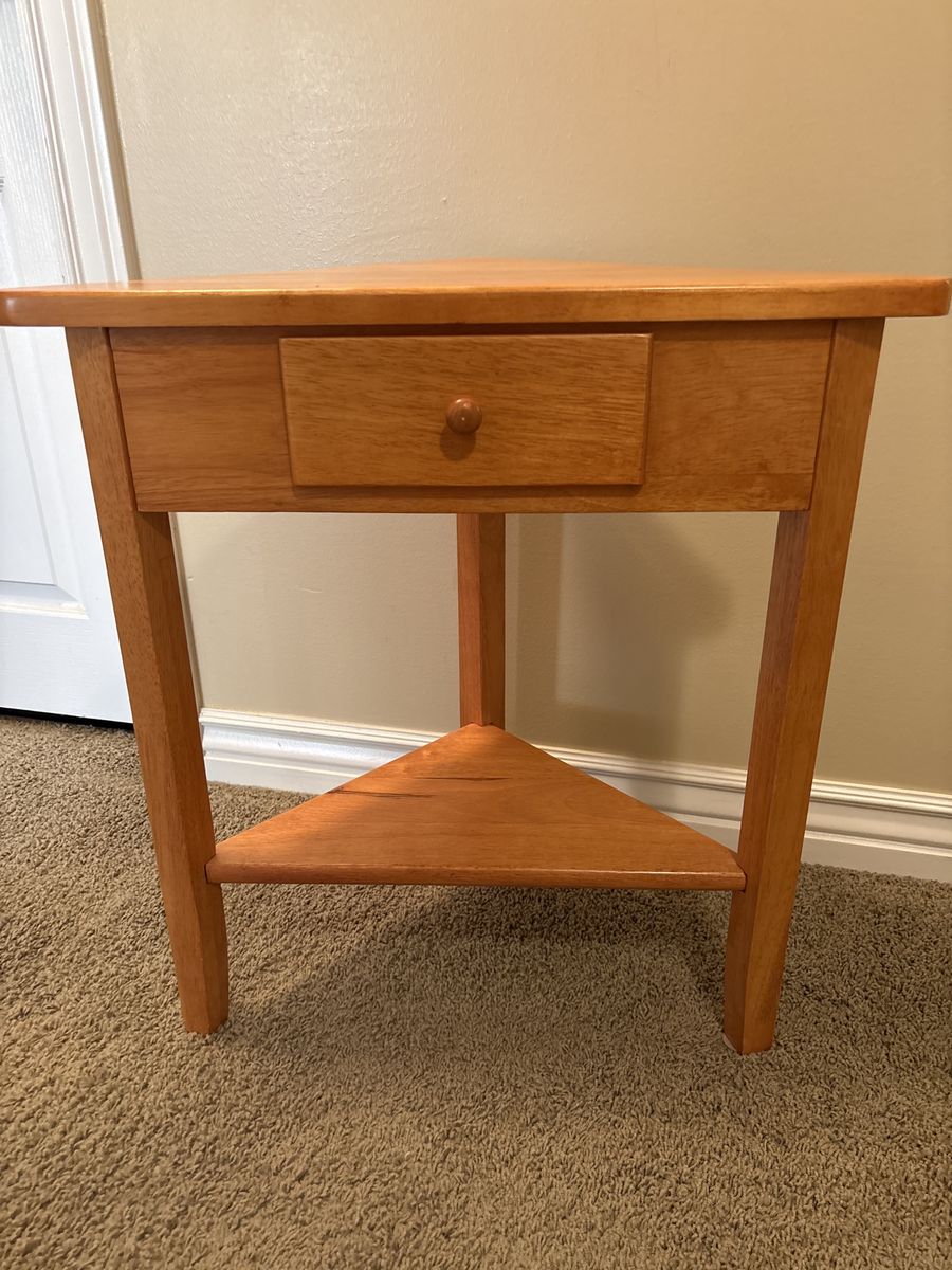 Triangle Corner End Table with Drawer - Light Wood Finish