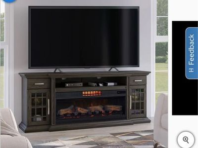 Electric Fireplace Media Console, Dark Wood Finish, Faux Logs & Flames, Glass Cabinets