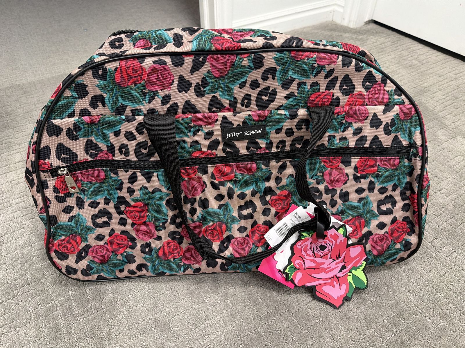 Betsey Johnson Carry -on Softside Rolling Duffel Bag Leopard Rose Collection new with tags