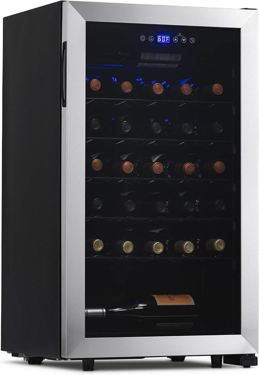 NEW NewAir 33 Bottle Wine Fridge, Freestanding or Built-In Refrigerator, Stainless Steel Cooler