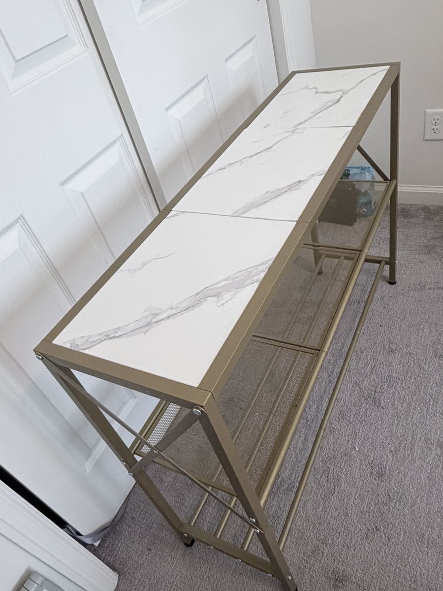 Modern Gold Entryway Console Table with Faux Marble Top & Shoe Rack