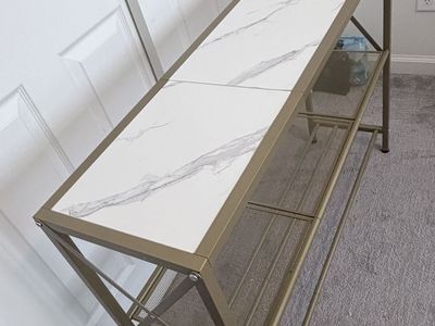 Modern Gold Entryway Console Table with Faux Marble Top & Shoe Rack
