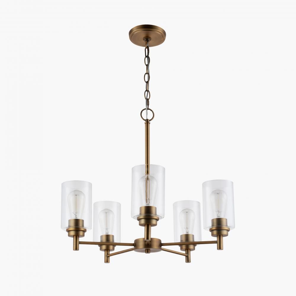 Modern 5 Light Chandelier Brass Finish Clear Cylinder Glass