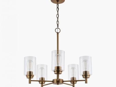Modern 5 Light Chandelier Brass Finish Clear Cylinder Glass