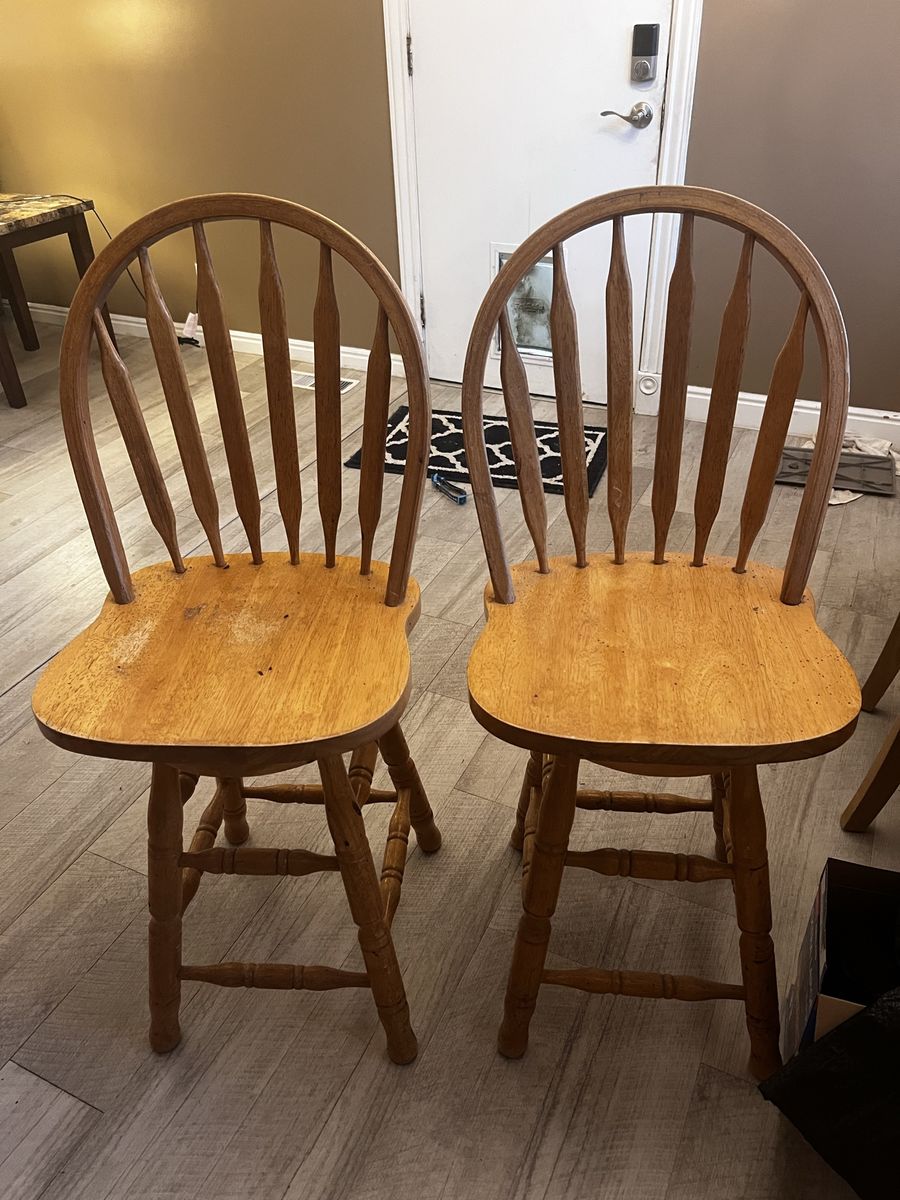 2 Vintage Wooden Bar Stools, Spindle Back, Honey Oak Finish