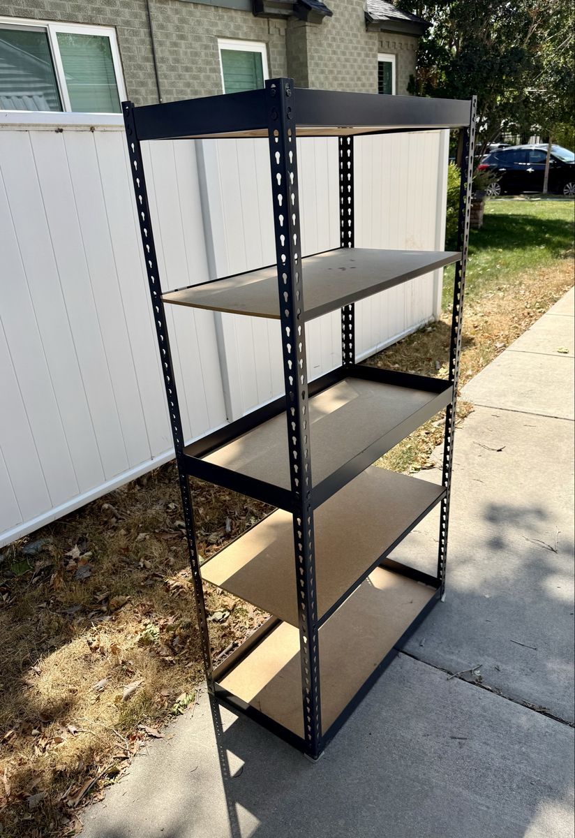 5-Tier Black Metal Heavy-Duty Shelving Unit with Adjustable Wood boards.