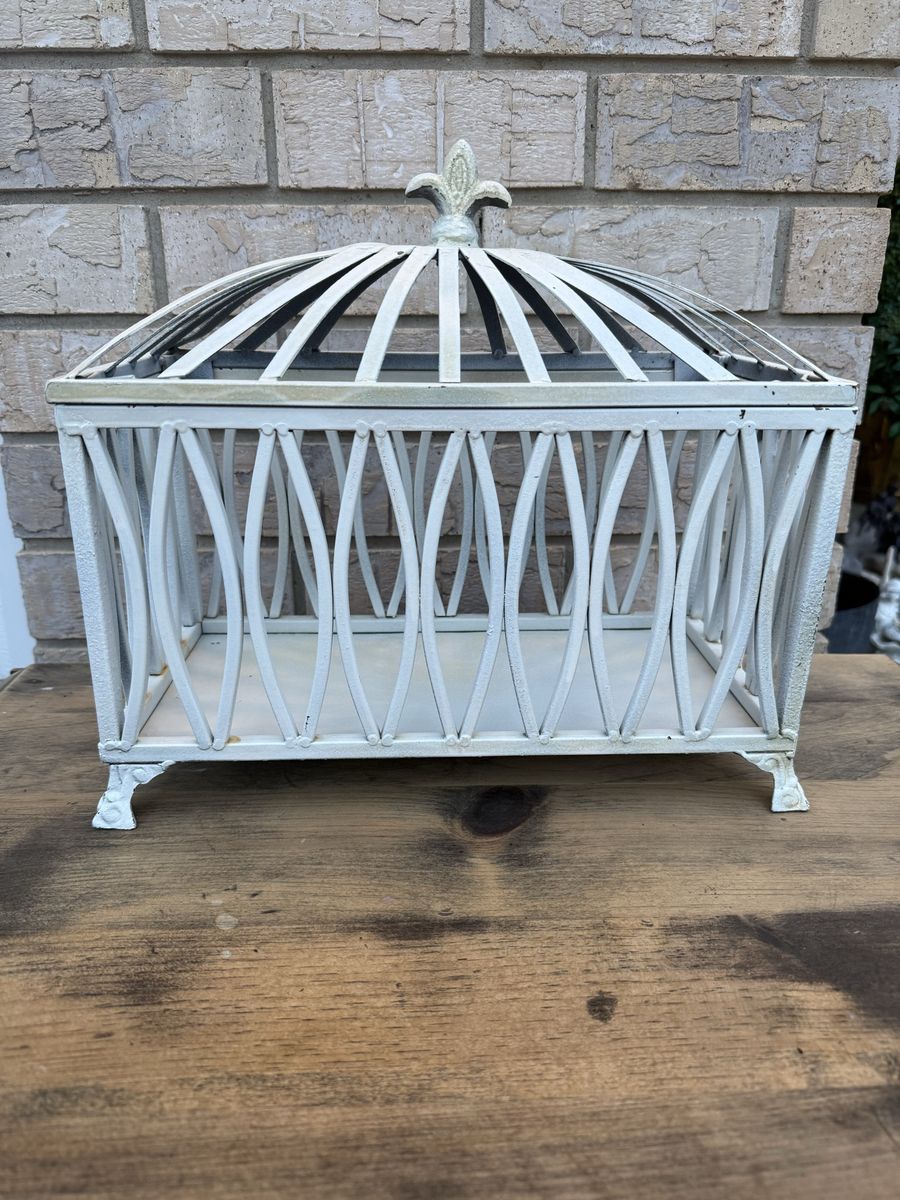 decorative distressed white finish metal cage w/lid.