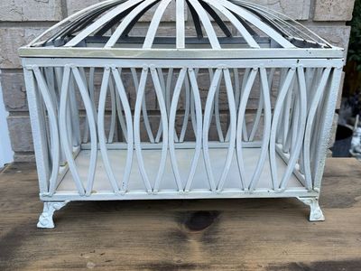 decorative distressed white finish metal cage w/lid.