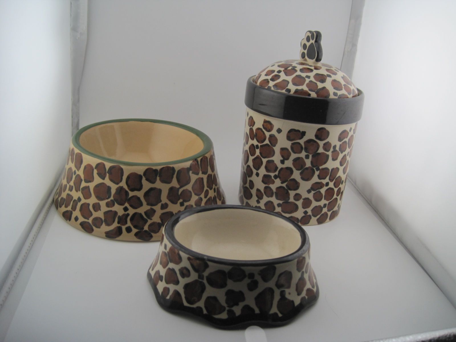 Lot of 3 Unbranded Leopard Print Brown Stoneware Pet Bowls and Food Storage Jar
